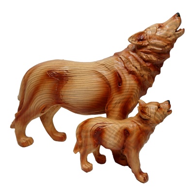 Wood Effect Wolf & Cub Figurine