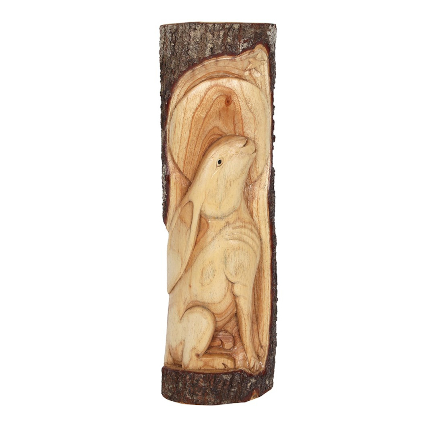 Moon Gazing Hare Wood Carving